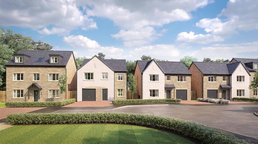 CGI street scene of a street at Homes by Carlton's Woodberry Park development in Staindrop.