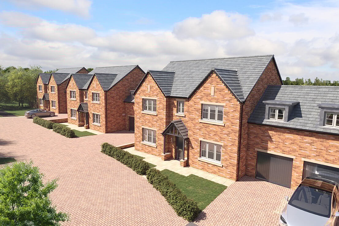 Street scene of The Westbury house type at Beauford Park, a collection of new homes in Witton Gilbert.